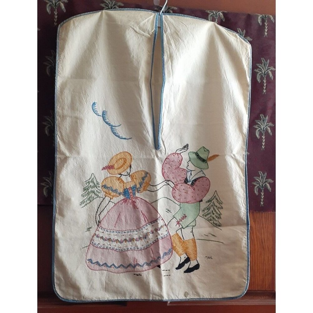 1940's Laundry Bag Embroidered Switzerland Lederhosen Man Corset Dress Lady